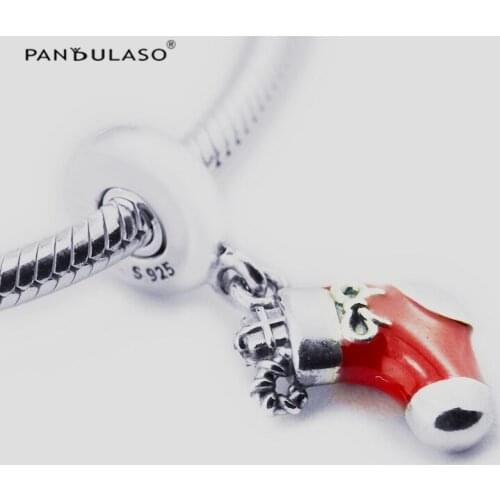 925 Sterling Silver Jewelry Red Sock Gift Charms Beads Fit Silver Charm Bracelet for Women DIY Jewelry Winter Collection FL661