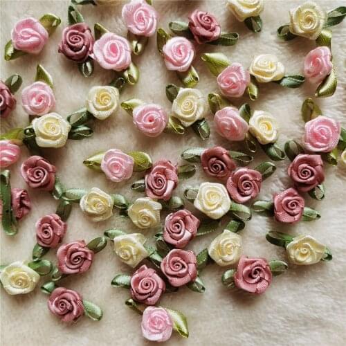 100pcs Mini Satin Ribbon Rose Flowers Silk Fabric Flower Appliques Handmade DIY For Wedding Decoration Craft Sewing Accessories
