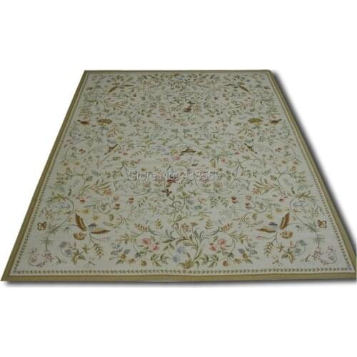Free shipping 10K 8'X10' Needlepoint Rug, 7K Rice Stitched field & 15K Cross Stitched Flowers, 100% New Zealand Wool