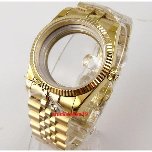 36mm Sapphire Transparent Yellow Gold Plated Watch Case jubilee fit ETA 2836 Miyota 8215 movement