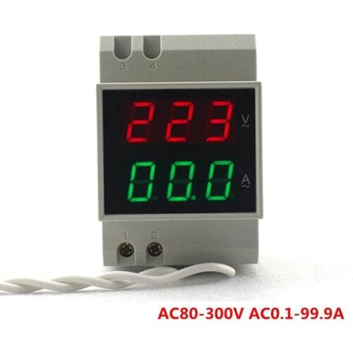 Din Rail AC Volt Amp Meter Voltage Current Meter AC 80-300V AC 0-100A & 200-450V 0.1-99.9A LED Display Digital Voltmeter Ammeter
