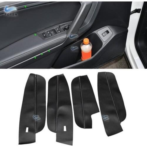 For VW Tiguan 2017 2018 2019 4pcs Black with 1 White Thread Microfiber Leather Interior Door Armrest Panel Cover Protective Trim