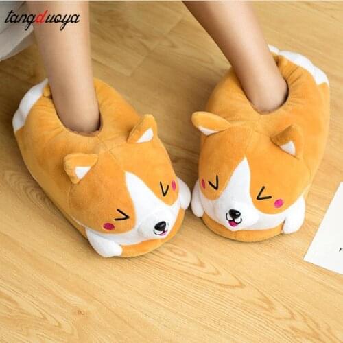 Homen Slippers Female Winter Plush Corgi Slippers Warm Women Floor Indoor Shoes Cute Funny Adult Slippers Flat Zapatillas Woman
