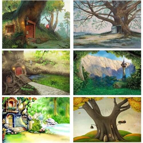 Forest Bear Corner Tree House Backdrop Fairytale Children Birthday Cake Smash Background Baby Kids Portrait Photography Backdrop