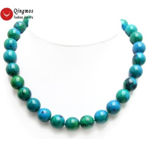 Qingmos Trendy Natural Chrysocolla Stone Necklace for Women with 14mm Round Green Chrysocolla Chokers Necklace Jewelry 17" n6478