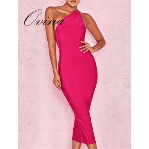 Fashion Womens Dresses One Shoulder Backless Mid Calf Bandage Dress Evening Party Dress