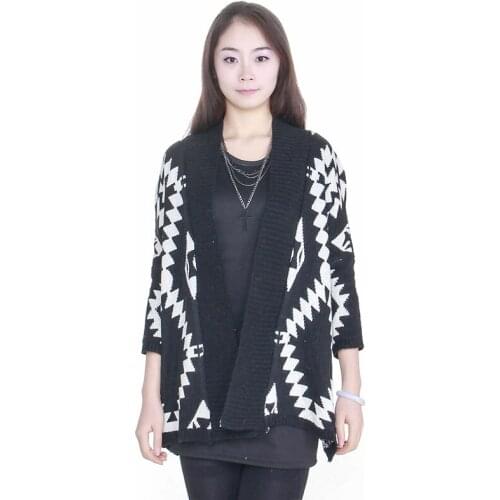 Fashion Women Ladies Retro Vintage Long Sleeve Cardigan Geometric Pattern Knitted Sweater Knitwear Tops