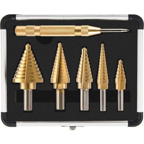 5PCS Step Drill Bit Set Titanium Spiral Grooved Multiple Hole with Automatic Center Punch for Metal DIY Power Tools Wood Working