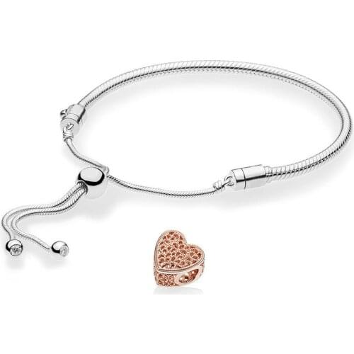 2019 NEW 100% 925 Sterling Silver New ROSE OPENWORK CHARM Bead with Romance Sliding Armband MOMENTS SLIDING BRACELE Set