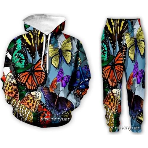 Xinchenyuan New Men/Women Colorful Butterfly 3D Printed Clothing Long Sleeve Fashion Sweatshirt Hoodies Men Sport Long Pants P13