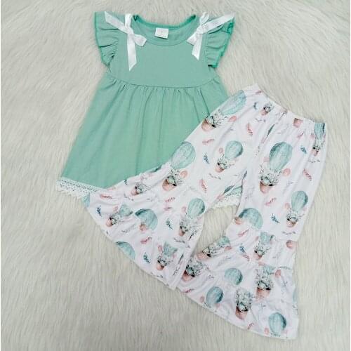 New arrival kids Easter day clothes girl fashion rabbit and hot air balloon pattern outfit with bow girl bell pants outfit
