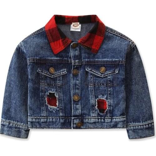 2-6Y Kids Girls Denim Coats New Brand Spring Kids Jackets Clothes Plaid Coat Ripped Denim Jacket Children Clothing