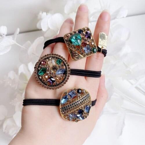 Geometric Crystal Diamond Hair Rope Ponytail Holder Scrunchies Vintage Elastic for Women Hair Rope Fashion Simple