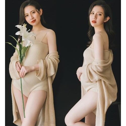 Sexy Maternity Bodysuits Robe Set Knitted Spaghetti Stretchy Pregnancy Photography Jumpsuits Maternity Dresses for Photo Shoot