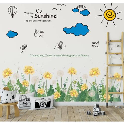 [shijuekongjian] Flowers Plants Wall Stickers DIY Cartoon Clouds Sun Wall Decals for Living Room Kids Bedroom House Decoration