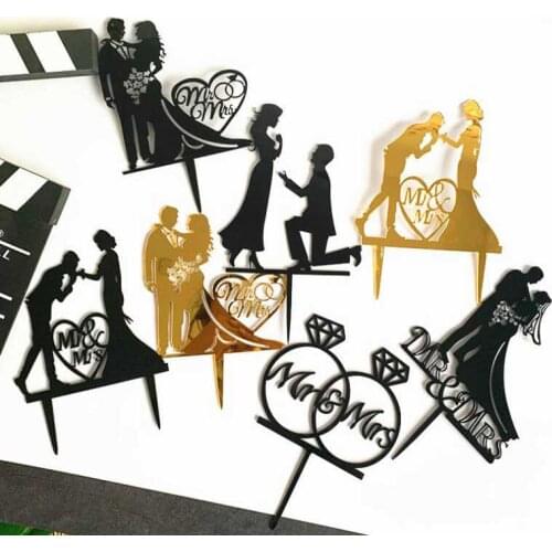 Bride Groom Mr Mrs Wedding Cake Topper Wedding Decorations Acrylic Black gold Cake Toppers Mariage Party Supplies Adult Favors