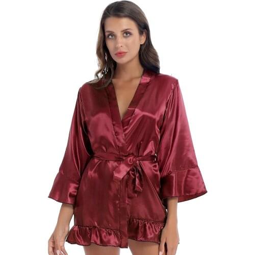 Women Satin Ruffle Hem Sleepwear Pajamas Party Night Robe Solid Color 3/4 Sleeve Nightgown with Belt G-string Sexy Sleep Set New