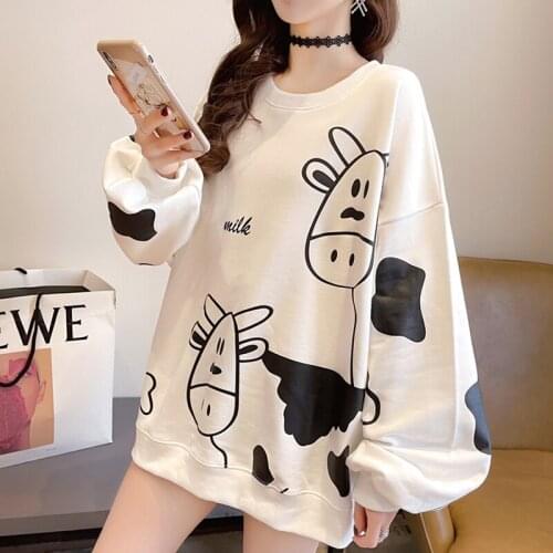 Zoki Cute Fashion Women Sweatshirt Print Cow Pattern Loose Sweatshirt O Neck Long Sleeves Clothes Korean Spring Autumn New 2021