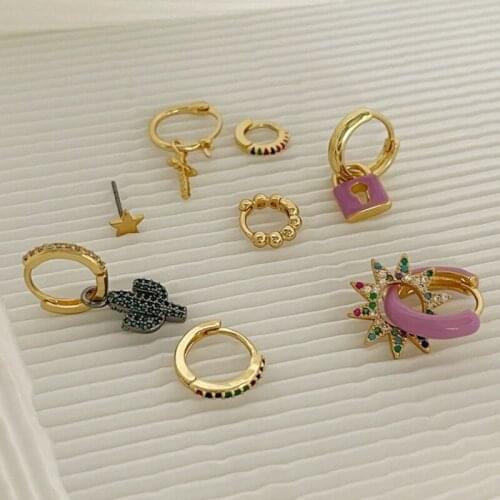 U-Magical Temperament Cross Star Sun Cactus Lock Hoop Earrings for Women Textured CZ Zircon Round Beads Metal Earrings Jewelry