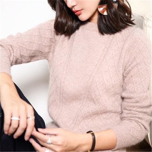 100%cashmere Oneck twisted knit women fashion solid open hem thick loose short pullover sweater S-2XL retail wholesale