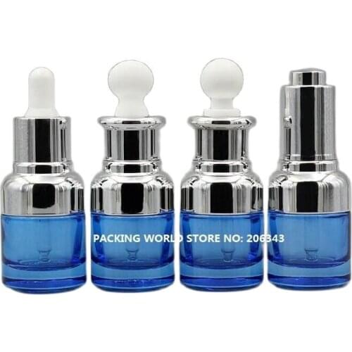 20ml blue bottle with silver shoulder and silver collar bulb dropper for serum/oil/essence/liquid dropper bottle