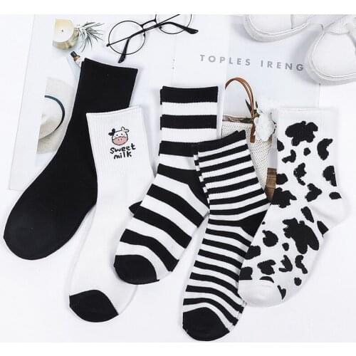 2021 Cartoon Cow Stripes Black White Warm Funny Skateboard Streetwear Short Cotton Sock Happy Street Pattern Trendy Women Socks