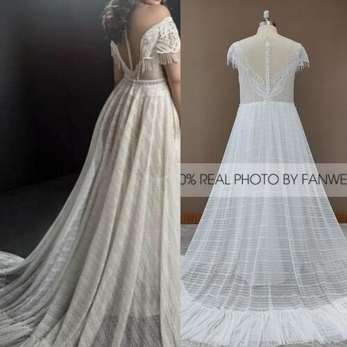 9909# Lace Sheer Wedding Photography Dress A-Line V Neck Cap Sleeve Bridal Gown Backless Destination Custom Made Real Photo