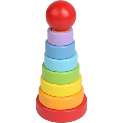 Wooden Rainbow Tower Toys Geometric Stacking Cup Color Rainbow Stacking Ring Tower Toys for Kids