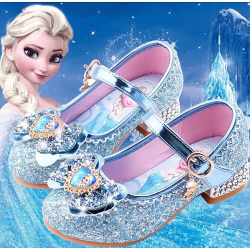Disneys new cartoon girls casual shoes childrens high-heeled shoes elsa princess frozen cartoon bowknot leather shoes