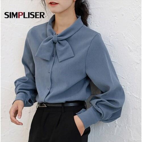 Elegant Lantern Sleeve Blouses For Women Black Blue White Office Lady Shirts Loose Style Female Tops 2021 Clothigs