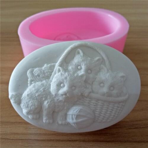 Three Cat Design Soap Mold Cake Mould 3D Oval Silicone Molds For Soap Making Scented Wax Mold