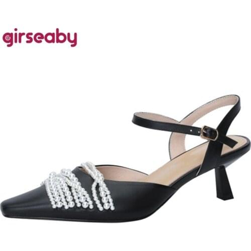 Girseaby 2021 Retro Pump Beading Pointed Toe Front Rear Strap Slingbacks 5.5cm Strange Heel Size 33-42 White Yellow Black A4312