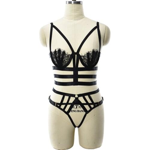 JLX.HARNESS 1/2 Cup Lace Bra Black Sexy Lingerie Set Body Harness Cage Belt Pastel Goth Woman Hollow Thongs Bondage Harness