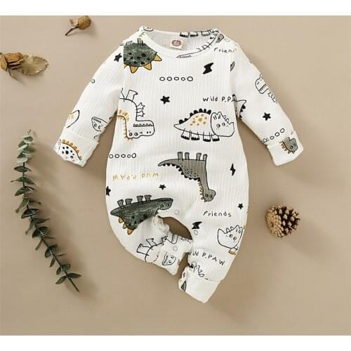 Baby Casual Rompers Cartoon Dinosaur Printed Pattern Round Neckline Long Sleeve Cotton Jumpsuit