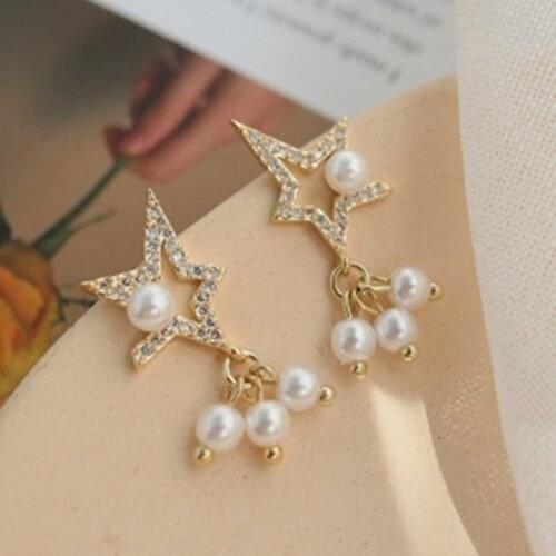 Korean White Pearl Earrings for Women Elegant Baroque Hollow Star Gold Color Drop Dangle Earrings Statement Jewelry