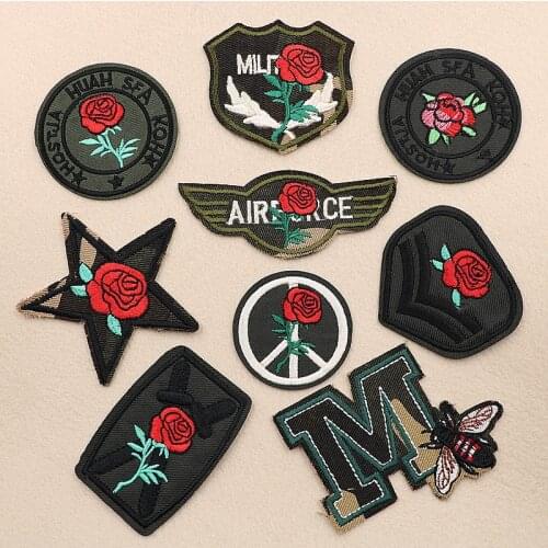 PGY Fashion Rose Flowers Badge Embroidered Iron on Patches for Clothing DIY Motif Stripes Clothes Stickers Military Parches