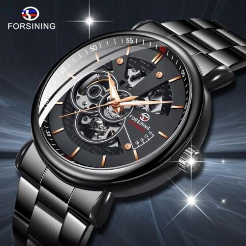 Forsining Full Black Clock Luminous Design Black Stainless Steel Mens Mechanical Watches Top Brand Luxury Relogio Masculino