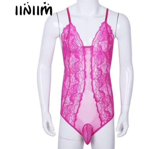 Mens Sheer Crossdress Lingerie See-through Adjustable Spaghetti Straps Lace Black Sissy Gay Pouch Teddies Bodysuit Nightwear