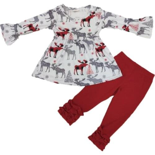New Girls Clothing Sets Toddler Kids Girl Deer Long Sleeve Dress and Red Ruffles Pants Christmas Day kids Boutique