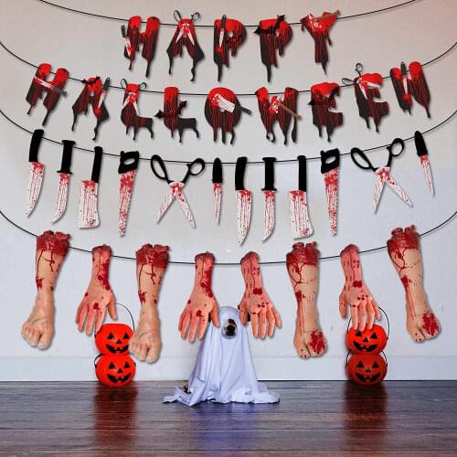 Halloween Bloods Knives Cut Off Hand Feet Paper Banner Horro Ghost Hallowen Decor Happy Halloween Party Decor For Home DIY