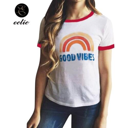 Aesthetic Top White Bluz Punk Dames T Shirt Women Harajuku Debardeur Femme Moda Ulzzang Kawaii Pastel Tshirt Rainbow Good Vibes