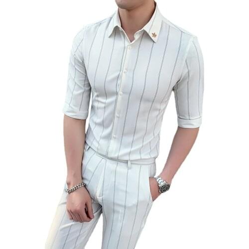 Shirt + pants) 2021 new mens spring autumn high-end fashion business casual striped middle-sleeved shirt 2 Pcs suit pants male