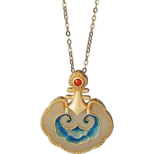 S925 sterling silver gold plated cloisonne Hotian jade pendant retro national trend pipa ladies clavicle chain pendant