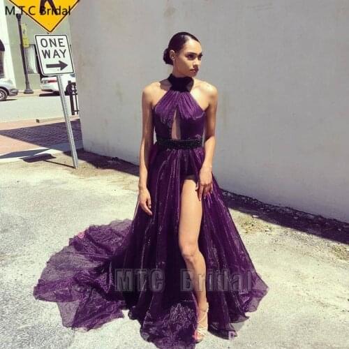 Sexy Dark Purple Long Backless Prom Dresses Side Slit A Line Beading Sashes Organza Girls Graduation Dress Plus Size Party Gown