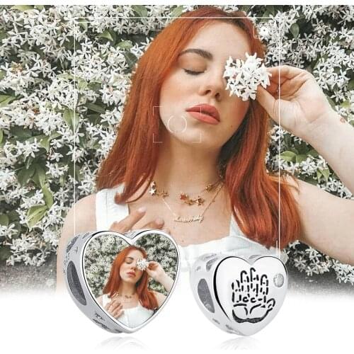 ELESHE 100% 925 Sterling Silver Family Handprint Charm Custom Photo Heart Bead Fit Original Bracelet DIY Jewelry For Women Gift