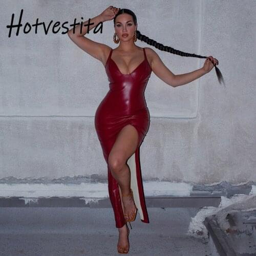 Hotvestita Sexy Solid PU Leather Slip Dress V Neck Backless Bodycon 2021 Summer Women Fashion High Split Party Club Maxi Dresses