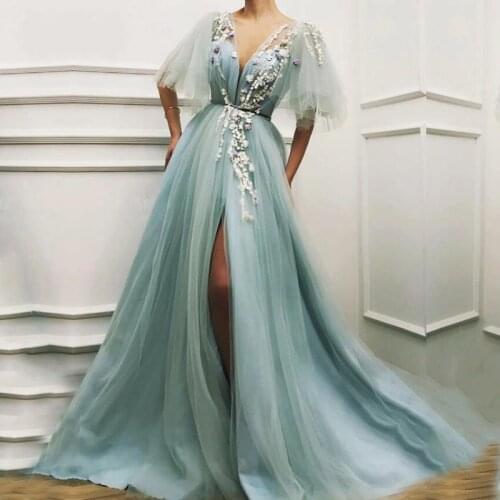Sexy Evening Dresses Long V-Neck Appliques Flowers Front Split Tulle Short Sleeves Green Prom Dresses for Party Graduation