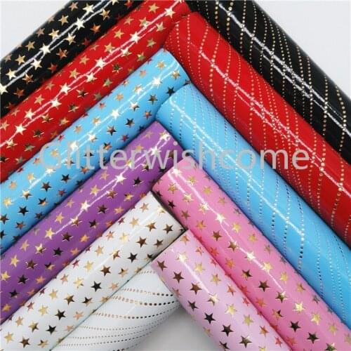 Glitterwishcome 21X29CM A4 Size Gold Stars Dots Embossed Faux Leather Fabric, Synthetic Leather fabric Sheets for Bows, GM461B