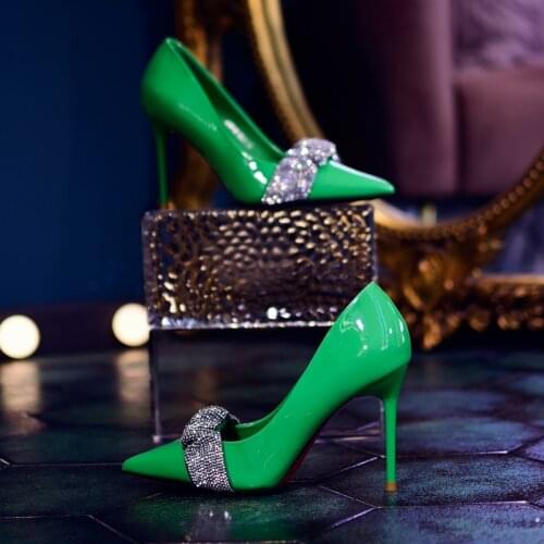 Women Bling Bling Crystal Bowtie Pumps Patent Leather Thin High Heel Pointed Toe Wedding Shoes