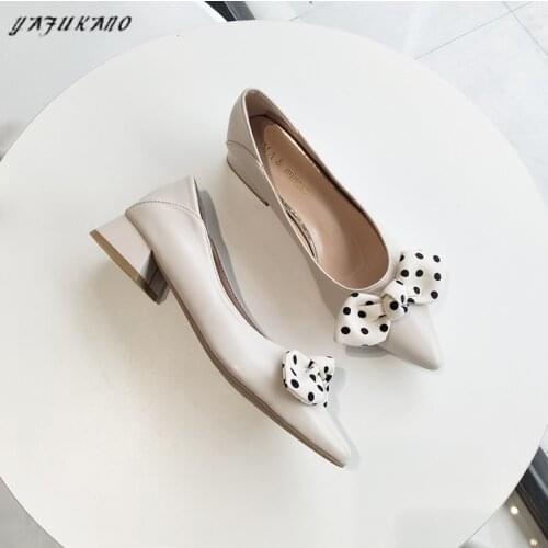 3cm Square Low Heel Ladies Pumps Fashion Pointed Toe Soft Leather Work Single Shoes Sweet Butterfly-Knot Party Dress High Heels